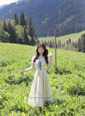 圆圆媛er 巨炸裂！贝儿公主~鹅黄色法式油画鱼骨收腰显瘦连衣裙女