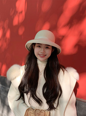 圆圆媛 白兔童话 百分百双面羊毛狐狸毛秋冬新款气质白色大衣外套