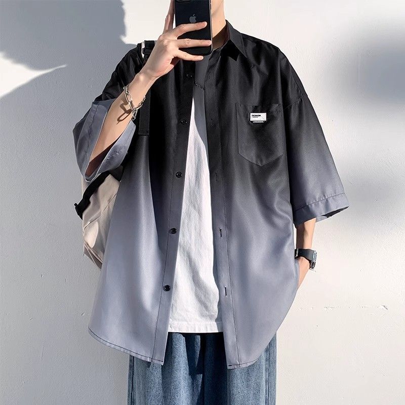 EXLUX冰絲漸變短袖襯衫男士春秋夏季款休閑男裝男生長(zhǎng)袖襯衣外套