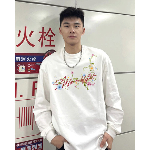 春秋季美式潮牌白色束口宽松T恤小领口长袖上衣男重磅纯棉打底衫