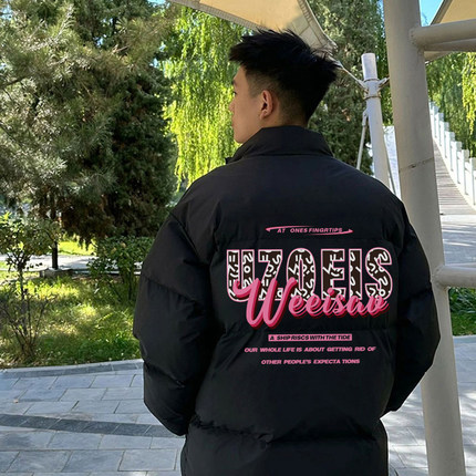 冬季美式复古印花白鸭绒90绒羽绒服男款高街无帽立领保暖抗寒外套