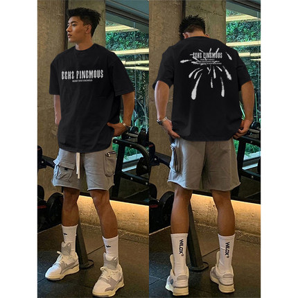 夏季美式高街潮牌慵懒风纯棉短袖t恤男款黑色痞帅休闲半袖上衣潮