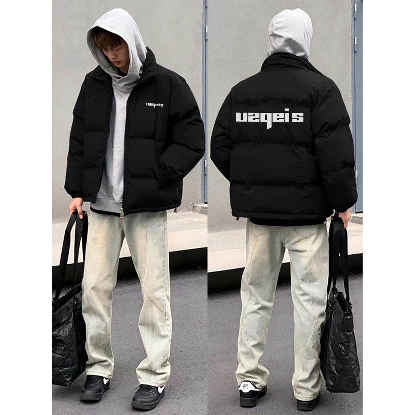 美式复古字母短款羽绒服男冬季潮牌宽松加厚保暖白鸭绒面包服黑色