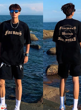 美式复古印花t恤纯棉高街黑色短袖体恤夏季潮牌宽松休闲男士上衣