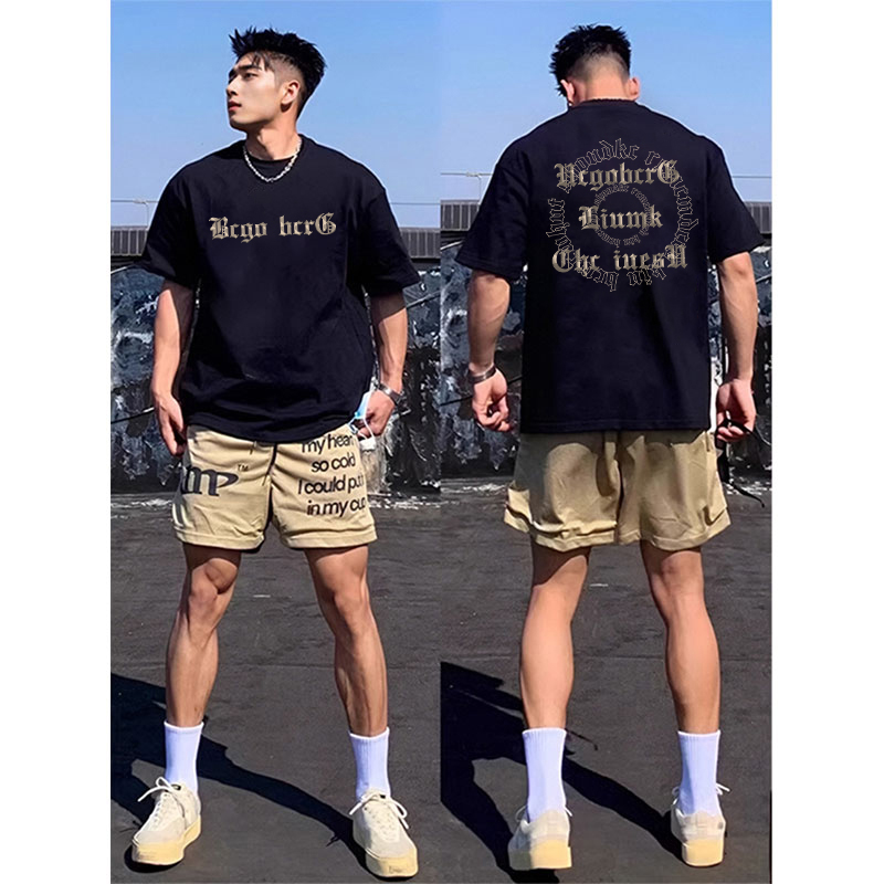 美式嘻哈潮流设计感纯棉短袖t恤夏季男款黑色痞帅休闲宽松上衣潮