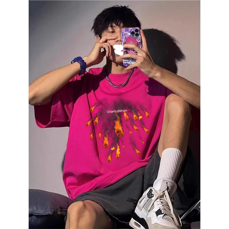 休闲纯棉花灰短袖男圆领t恤夏ins