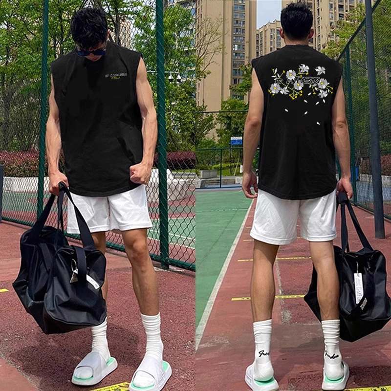 夏季新款潮牌花卉纯棉背心男款重磅百搭小众vibe美式嘻哈上衣t恤