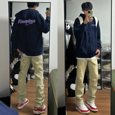 藏青色重磅复古连帽开衫卫衣