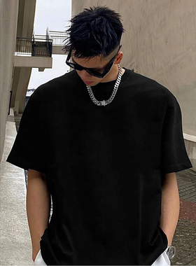 美式潮牌纯棉黑色纯色印花小领口t恤男复古高街短袖打底休闲上衣