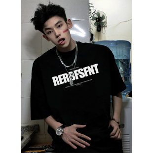 上衣 字母印花黑色t恤圆领小领口半袖 休闲百搭重磅纯棉短袖 男夏季