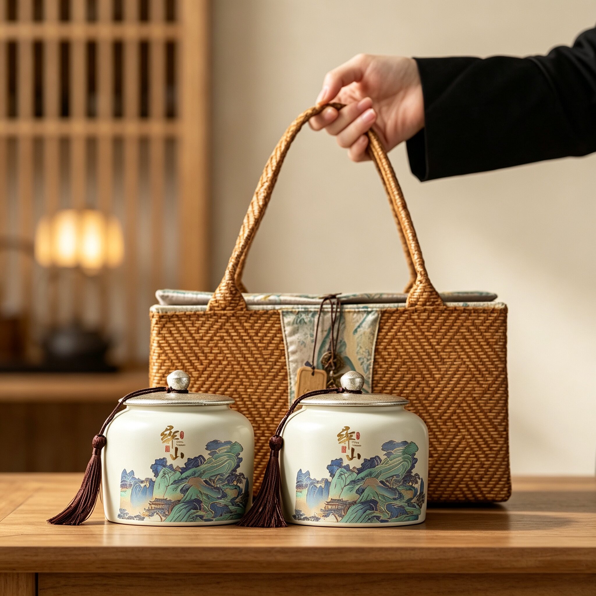 陶瓷茶叶罐密封罐高档精致藤编布包红茶绿茶白茶通用茶叶包装定制图片