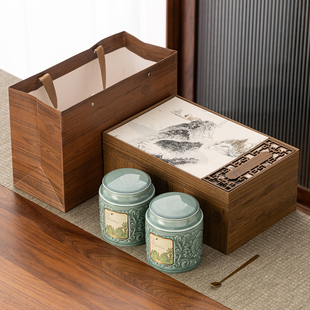 高端复古中式茶叶罐陶瓷密封罐山水画包装盒大容量储存罐