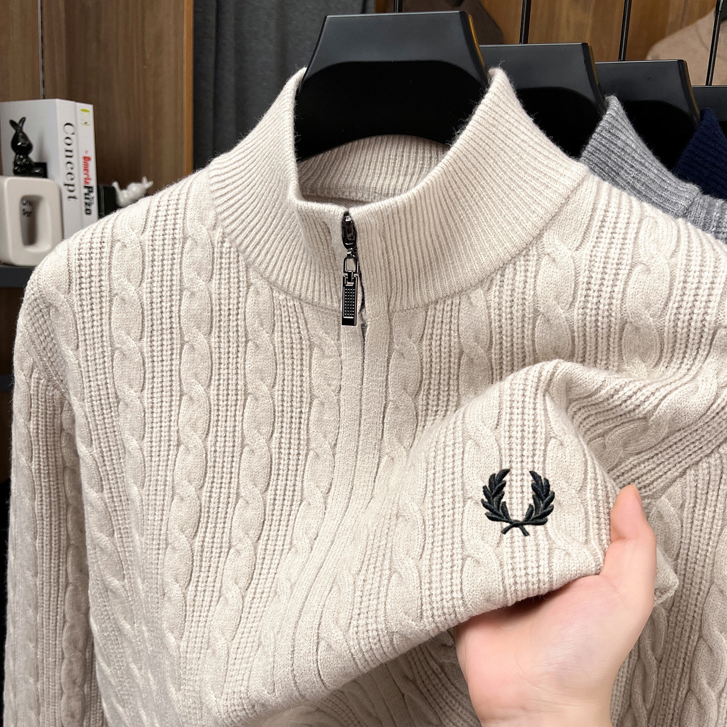 FP麦穗半拉链立领毛衣男2025秋冬新款保暖加厚提花针织纯色打底衫