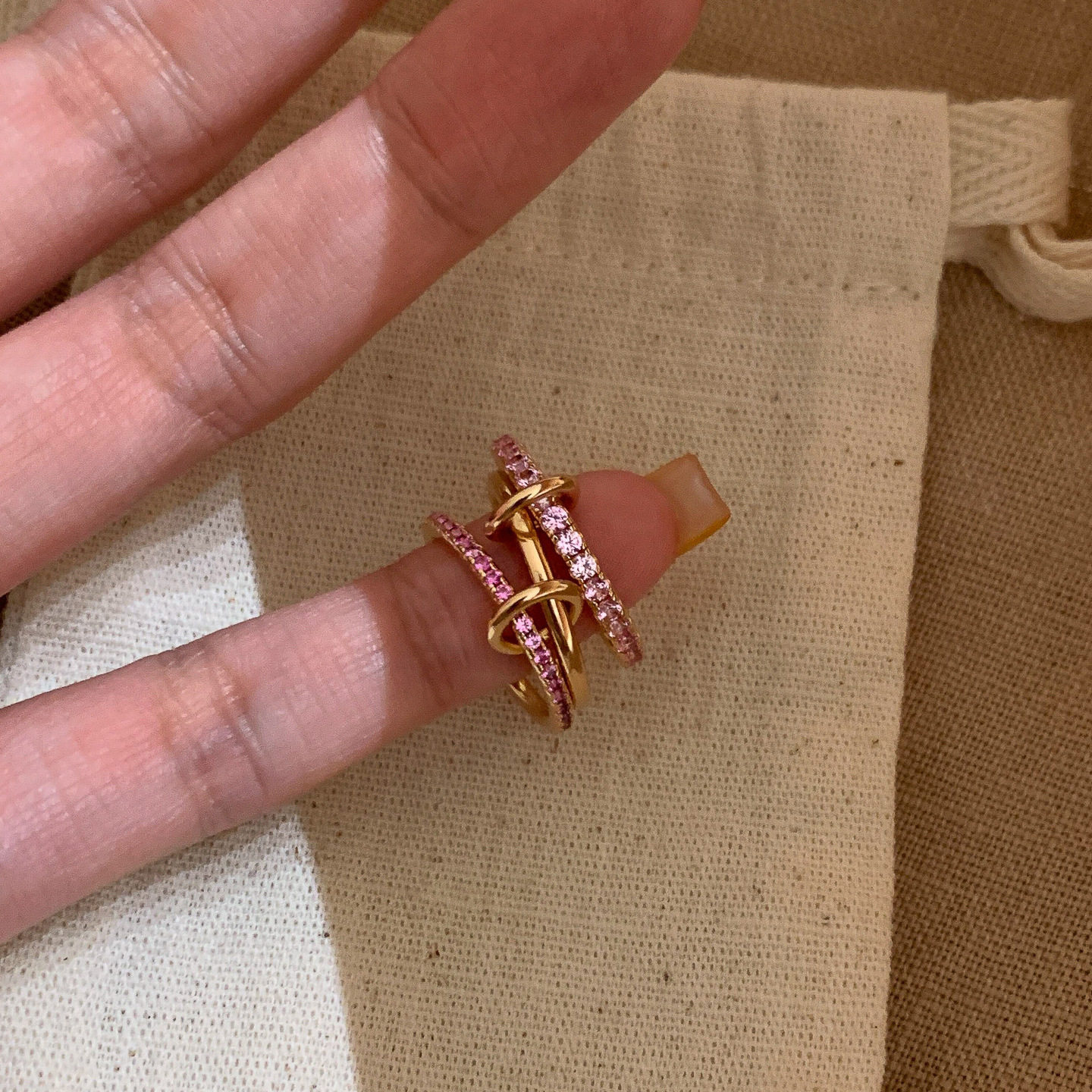 【可爱满分】S925纯银小红书同款三环戒一体式超嗲粉排钻戒指女食