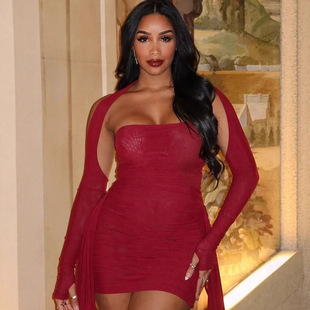 飘带包臀短裙Halter Skirt Finger Bodycon Set Sleeve 挂脖套指袖