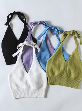 短款针织绑带挂脖背心 Knitted strappy bandeau halterneck vest