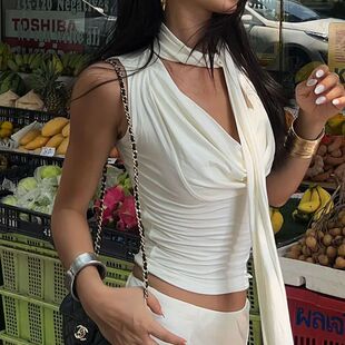 Draped 上衣Sexy Neck Slim Top 荡领飘带系带修身 Tank 显瘦无袖
