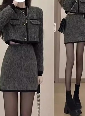 Short coat short skirt grey suit时尚街头短款外套短裙灰色套装