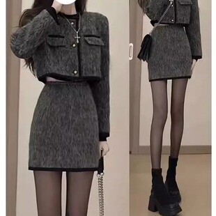 Short coat short skirt grey suit时尚街头短款外套短裙灰色套装