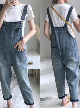High Waist Loose Denim Strap Capris 高腰宽松牛仔背带九分裤女