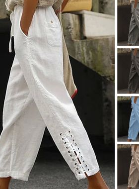 侧面绑带棉质九分裤Cotton and linen niners with side bindings