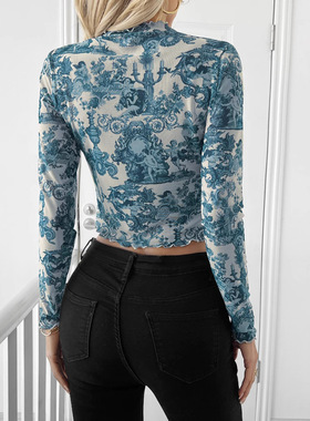 蓝色花边小立领长袖T恤Blue lace small stand-up collar T-shirt