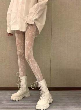 黑色月亮渔网女花藤字母秋冬性感薄款内搭连脚袜镂空渔网袜ins潮