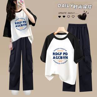 休闲运动套装少女夏天穿搭衣服初中高中学生学院风短袖长裤两件套