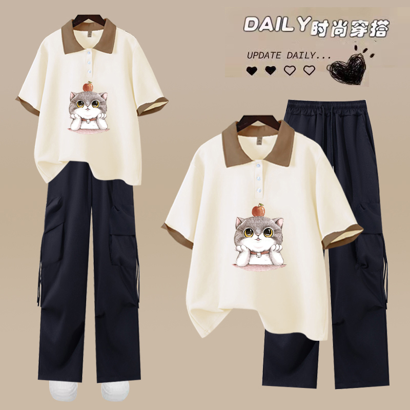 少女初中学生夏季套装女短袖polo领时尚工装裤夏装穿搭配一整套潮