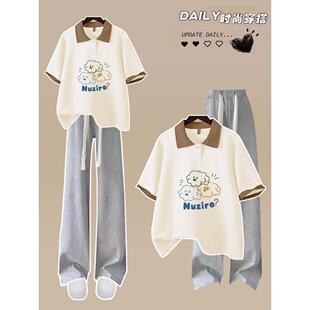 初中生夏装少女新款2025高中学生时尚纯棉POLO衫短袖T恤两件套装