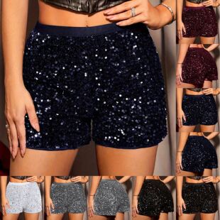 Straight Sequin Shorts 女Solid 春夏纯色欧美风亮片弹力直筒短裤