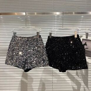 Short Sequin Pants 女Shiny 名媛风满亮片重工拉链高腰三分短裤