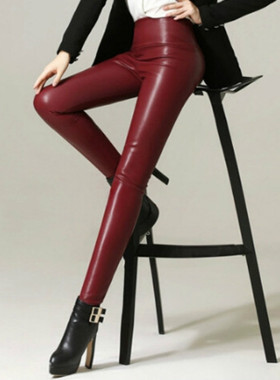 Solid color high stretch PU leather trousers纯色高弹PU皮长裤
