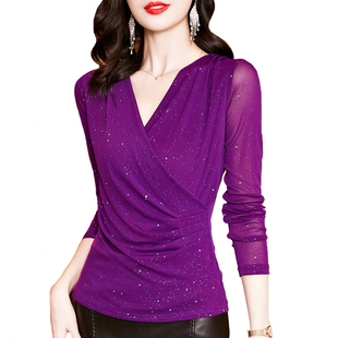 pink mesh undershirt交叉V领亮粉 网纱打底衫 bright 长袖 neck