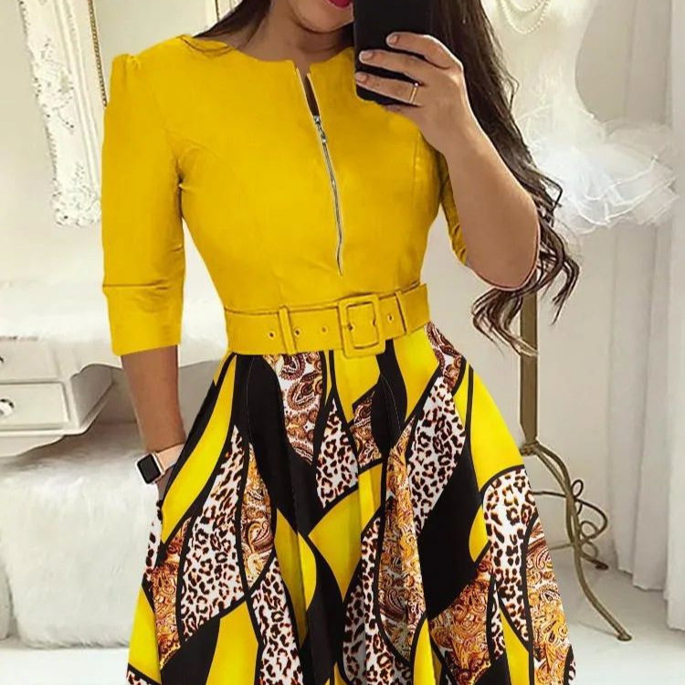 欧美时尚气质长袖连衣裙含腰带Elegant Long Sleeve Women Dress