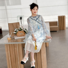 女童夏季汉服套装2025新款中大童青花瓷大小姐汉服套装