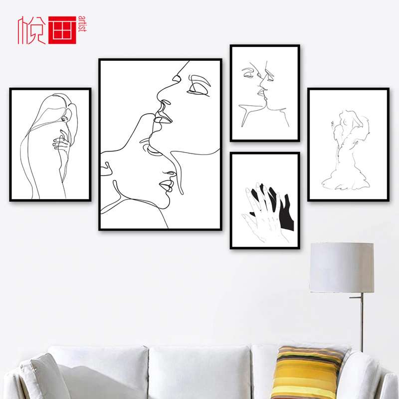 悦画 北欧抽象黑白线条情侣人物英文装饰画客厅卧室餐厅玄关挂画