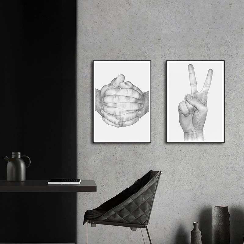 现代简约线描祈祷yes手势黑白装饰画画芯素材高清图片喷绘