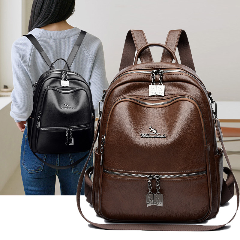 威森袋鼠真皮女包双肩包女2026新款时尚百搭轻便双肩背包旅游背包