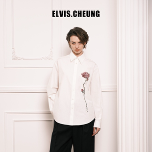 女寬松休閑襯衣時尚 長袖 ELVIS.CHEUNG25秋冬好運蓮蓮法繡白襯衫