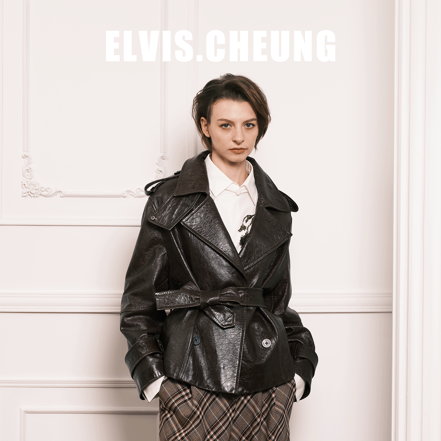 ELVIS.CHEUNG皮料直身双排扣外套