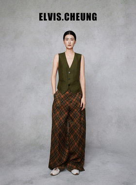 ELVIS.CHEUNG25秋冬格纹香云纱中高腰经典阔腿裤松紧腰女宽松休闲