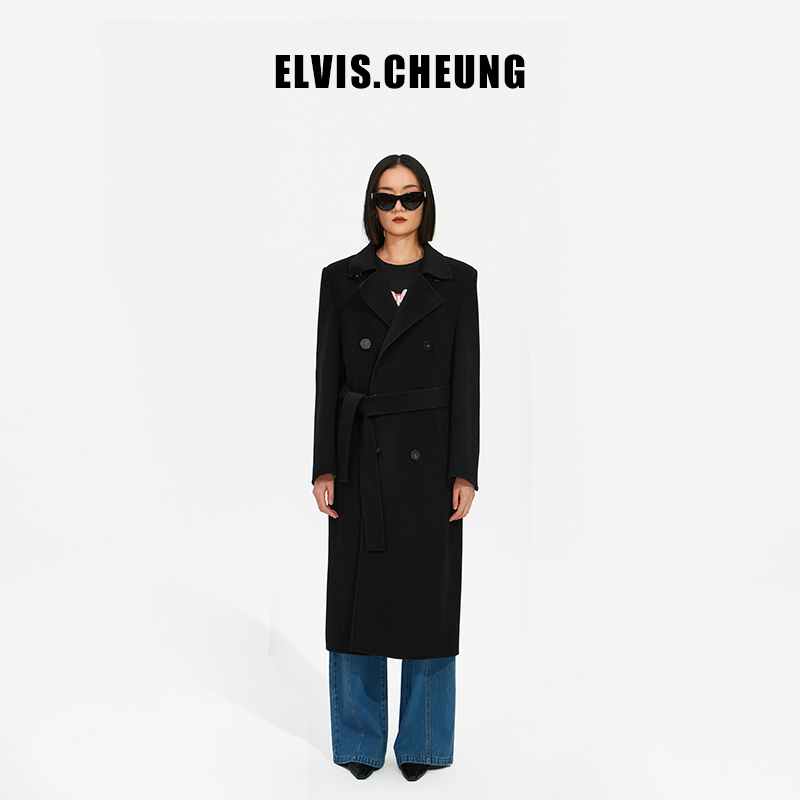 ELVIS.CHEUNG秋冬新品彩色羊绒双面呢H版大衣双排扣长款外套女