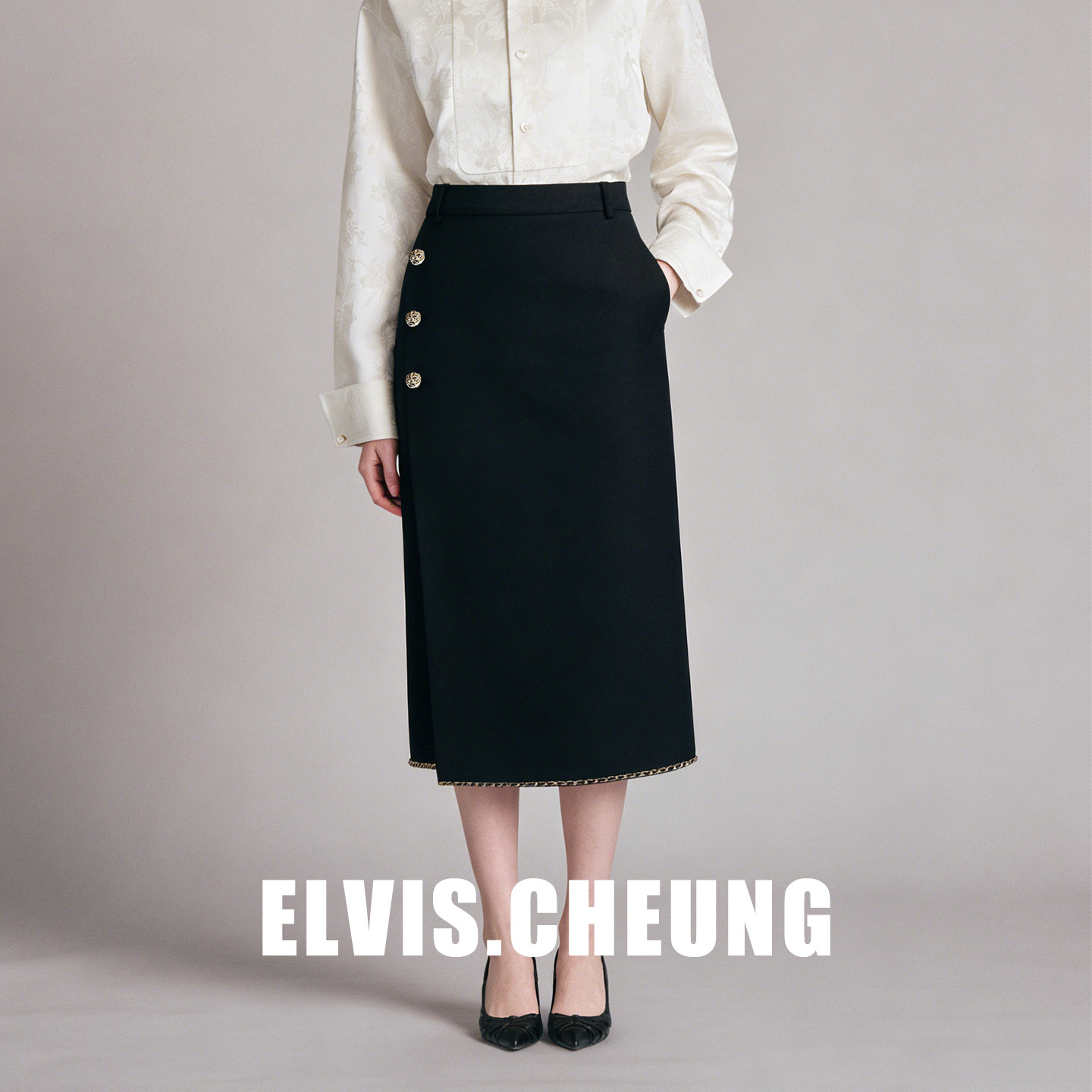 ELVIS.CHEUNG26春夏轻熟风黑色金扣缀饰精纺半身裙女中长款通勤裙