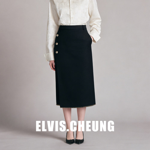 ELVIS.CHEUNG黑金扣精纺半身裙
