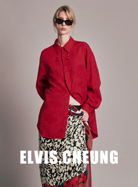 ELVIS.CHEUNG26贺岁中国红牡丹纹提花流苏衬衫女宽松长袖上衣复古