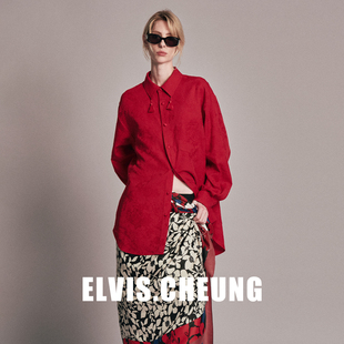 ELVIS.CHEUNG26贺岁中国红牡丹纹提花流苏衬衫 上衣复古 女宽松长袖