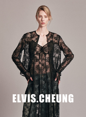 ELVIS.CHEUNG26早春复古蕾丝真丝滚边透视长袖衬衫V领气质打底衫