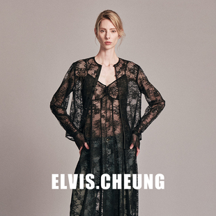 ELVIS.CHEUNG26早春复古蕾丝真丝滚边透视长袖衬衫V领气质打底衫