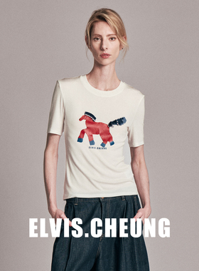 ELVIS.CHEUNG26贺岁马年小马印花短袖T恤女白色宽松百搭休闲上衣